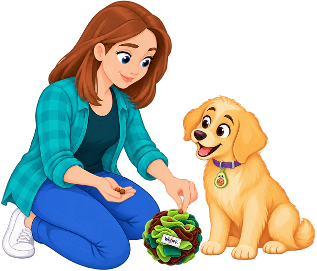 Illustrated woman setting a few treats on top of a green Snuffle Ball while a golden retriever puppy watches