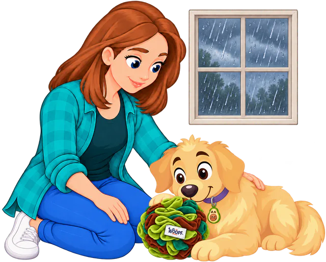 Illustrated woman sitting beside a golden retriever lying with its nose in a green Snuffle Ball, rain on the window behind them
