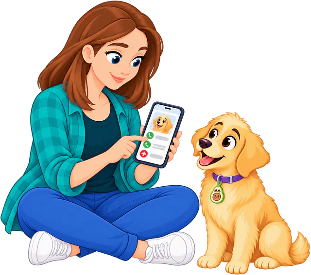 Illustrated woman sitting cross-legged with the dog's profile open on her phone, a golden retriever puppy beside her wearing an Avocado Smart ID Tag