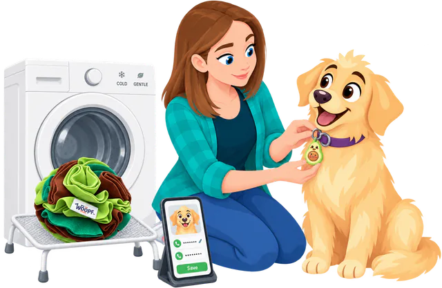 Illustrated woman checking the Avocado Smart ID Tag on a golden retriever's collar, a green Snuffle Ball drying on a rack by the washing machine and the dog's profile open on a phone