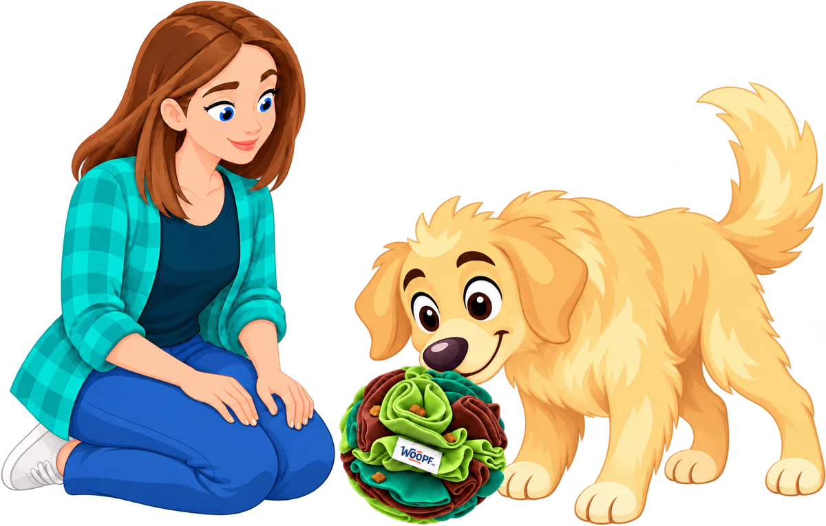 Illustrated golden retriever puppy nosing into the fleece folds of a green Snuffle Ball, a woman kneeling beside it