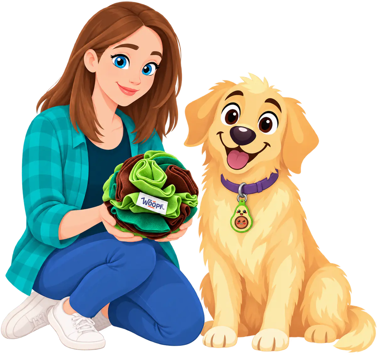 Illustrated woman kneeling with a green Snuffle Ball in her hands, a golden retriever sitting beside her wearing an Avocado Smart ID Tag