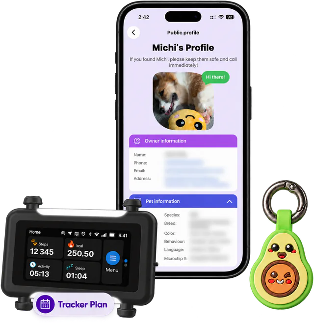 Illustrated phone open on Michi's public profile in the Ask A Vet app, between a black tracker and the Avocado tag