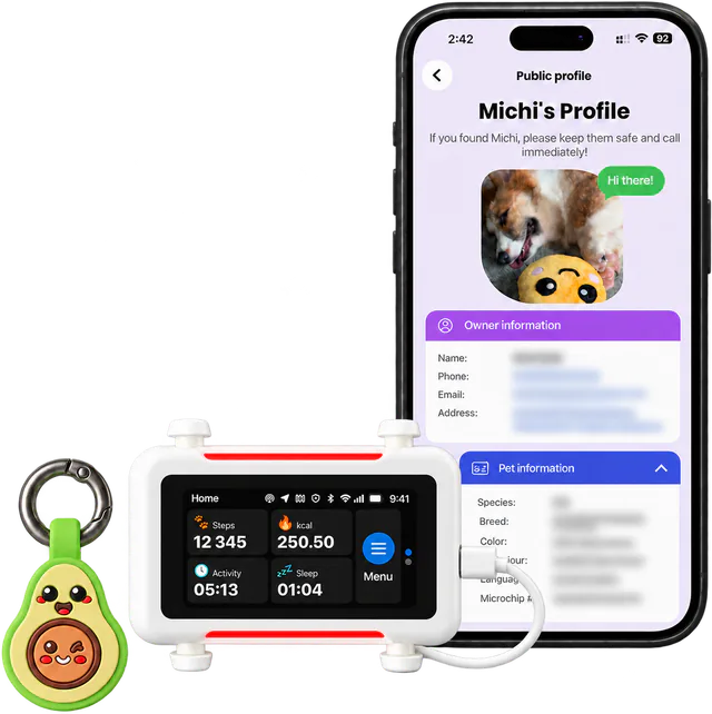 Illustrated white tracker charging on its cable, the Avocado tag beside it and a phone open on Michi's public profile