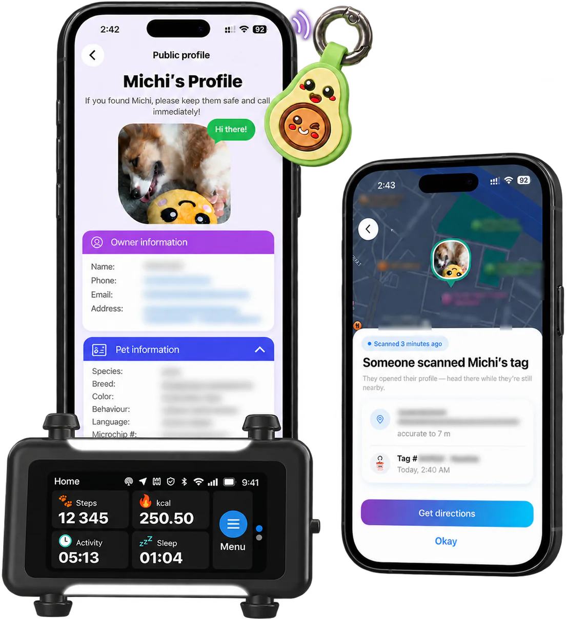 Illustrated black tracker and Avocado tag, one phone open on Michi's public profile and another on a Someone scanned Michi's tag alert