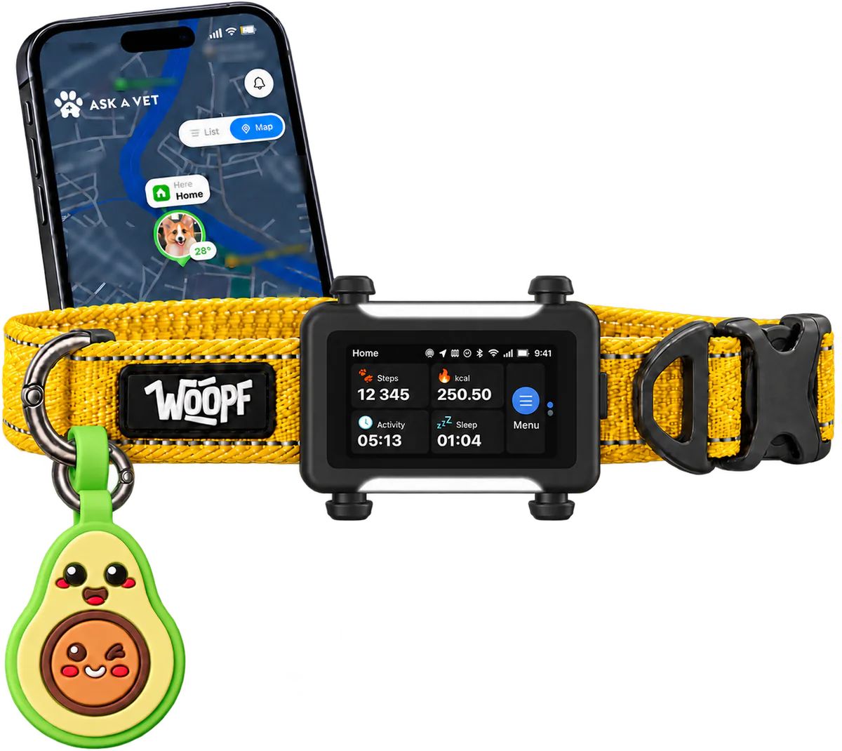 Illustrated yellow WOOPF™ collar with a black tracker and the Avocado tag, beside a phone showing the pet's location on the Ask A Vet app's live map