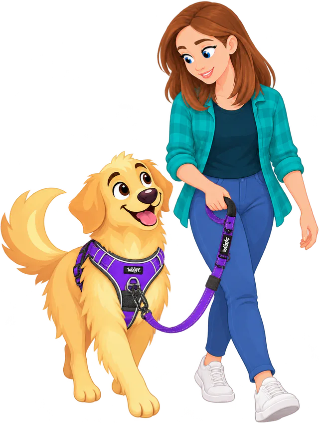 Illustrated woman walking a golden retriever at her knee, a short purple Explorer Adjustable Leash clipped to the front D-ring of its purple WOOPF™ Explorer Harness and the padded handle in her hand