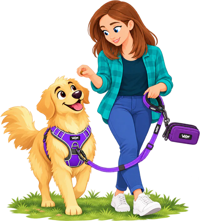 Illustrated woman on the grass holding out a treat to a golden retriever in a purple WOOPF™ Explorer Harness, the purple lead slack between them and a purple Explorer Dual Pocket Pouch clipped to the lead's ring by the handle