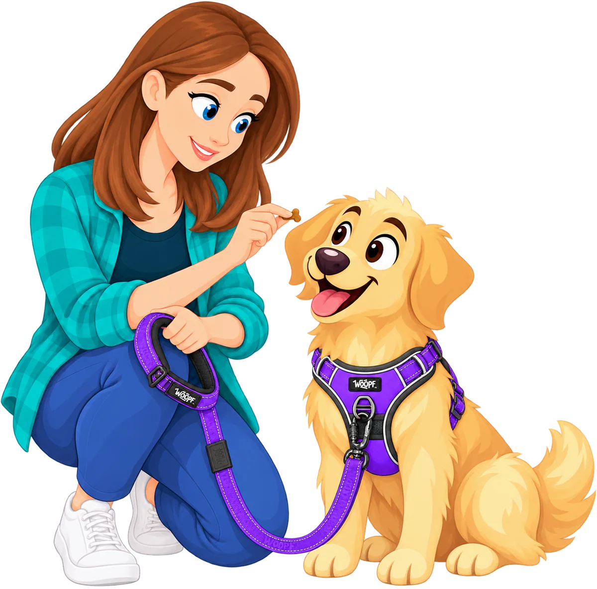 Illustrated woman crouching to give a treat to a sitting golden retriever in a purple WOOPF™ Explorer Harness, the purple Explorer Adjustable Leash clipped to its front D-ring and the padded handle in her other hand