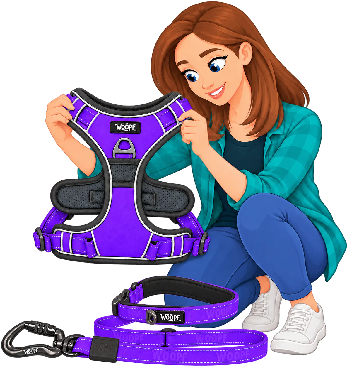 Illustrated woman crouching to hold up a purple WOOPF™ Explorer Harness by its neck loop, the chest plate and front D-ring facing out, with a purple Explorer Adjustable Leash laid out in front: padded handle, slider and locking clip