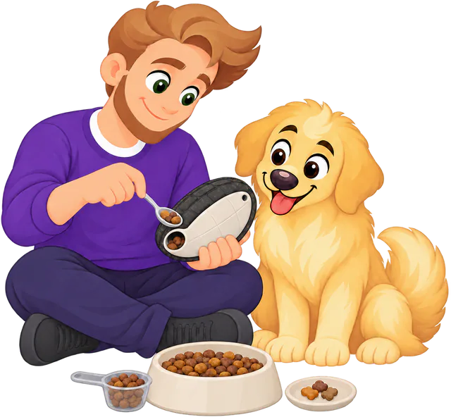 Illustrated man sitting with a golden retriever, spooning kibble into a WOOPF™ Chewster Turtleshell beside a measuring cup, the food bowl and a plate of treats