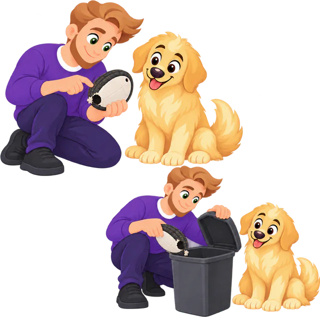Illustrated man pointing at the treat hole of a WOOPF™ Chewster Turtleshell beside a sitting golden retriever, then dropping a worn shell into a bin