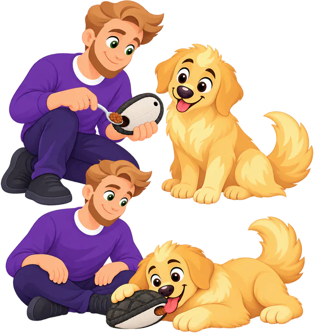 Illustrated man spooning kibble into the base of a WOOPF™ Chewster Turtleshell as a golden retriever watches, then sitting beside the dog as it licks the stuffed shell