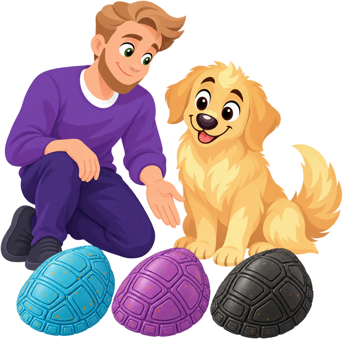 Illustrated man kneeling beside a sitting golden retriever with the three WOOPF™ Chewster Turtleshells in a row: Blue Soft, Purple Standard, Black Hard