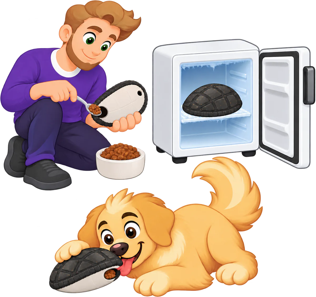 Illustrated man spooning kibble into the base of a black WOOPF™ Chewster Turtleshell, a stuffed shell in an open freezer, and a golden retriever licking the frozen fill