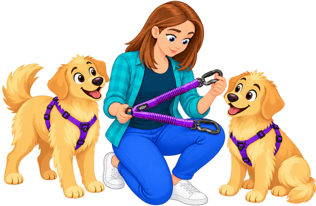 Illustrated woman kneeling between two harnessed golden retrievers, holding the Two Dog Walker up to check its clips and bungee arms