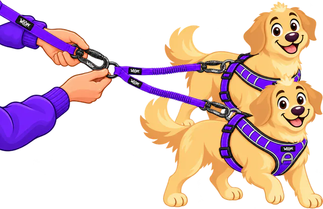 Illustrated hands clipping a purple lead's carabiner to the D-ring of the Two Dog Walker, two harnessed golden retrievers ahead