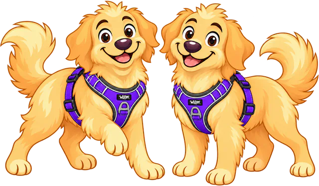 Illustrated two golden retrievers standing side by side, each in a purple Explorer Harness