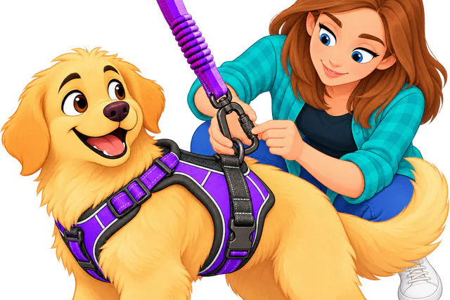 Illustrated woman turning the twist-lock sleeve of a carabiner clipped to the back ring of a golden retriever's purple harness