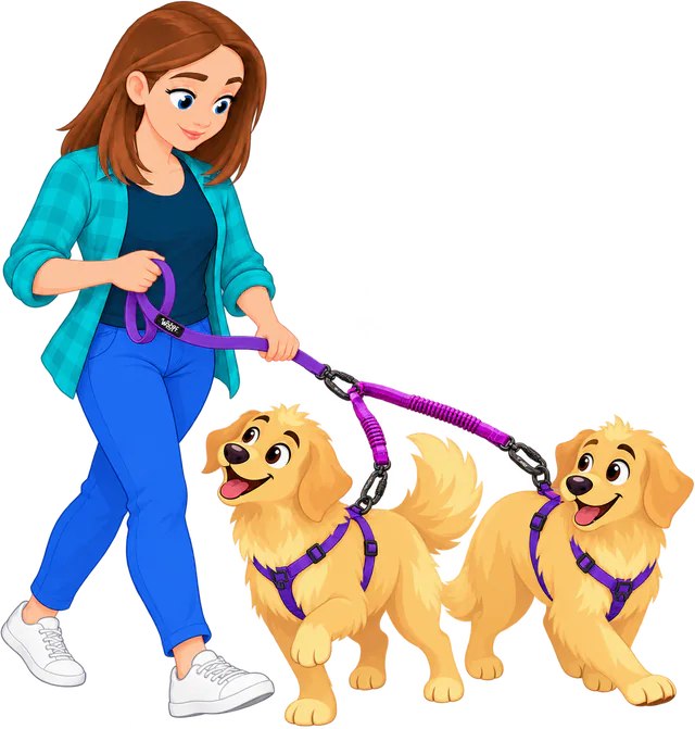 Illustrated woman walking two harnessed golden retrievers at her knee, the lead held short