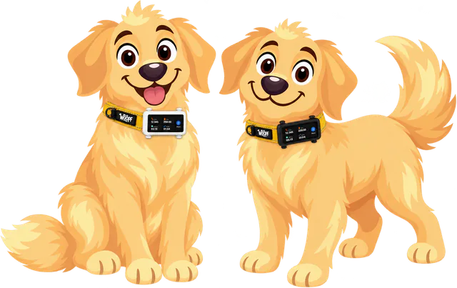 Illustrated golden retrievers side by side, a white tracker on one yellow WOOPF™ collar and a black tracker on the other