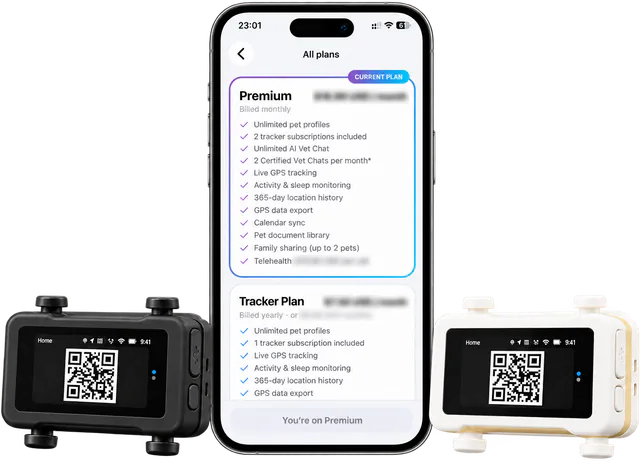 Illustrated Ask A Vet plans screen with the Premium plan and the Tracker Plan, between a black and a white tracker showing their QR codes