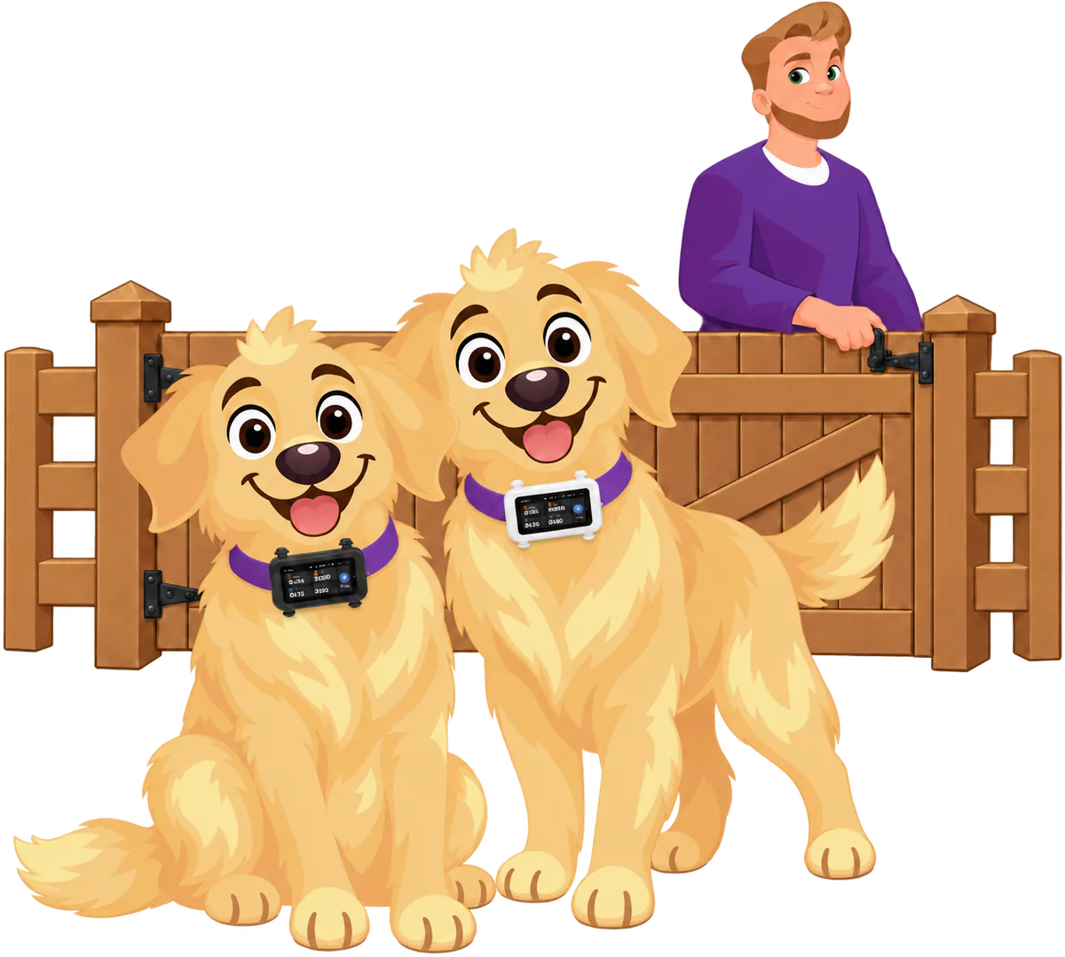 Illustrated golden retrievers in front of a wooden gate, one in a black tracker and one in a white tracker on purple collars, a man leaning on the gate behind them