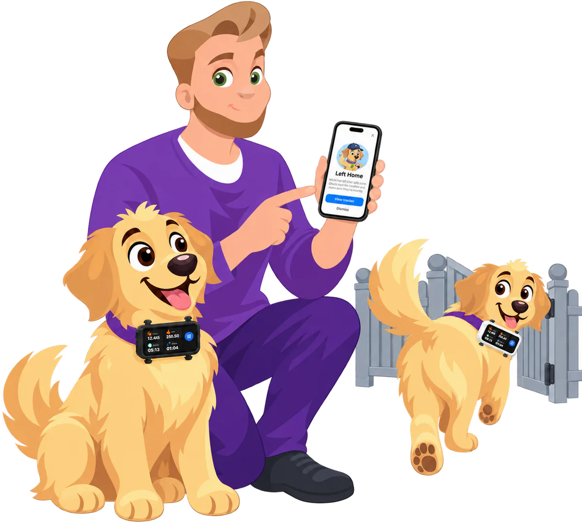 Illustrated man kneeling beside a golden retriever in a black tracker, showing a Left Home alert on his phone while a second retriever in a white tracker trots out through the gate