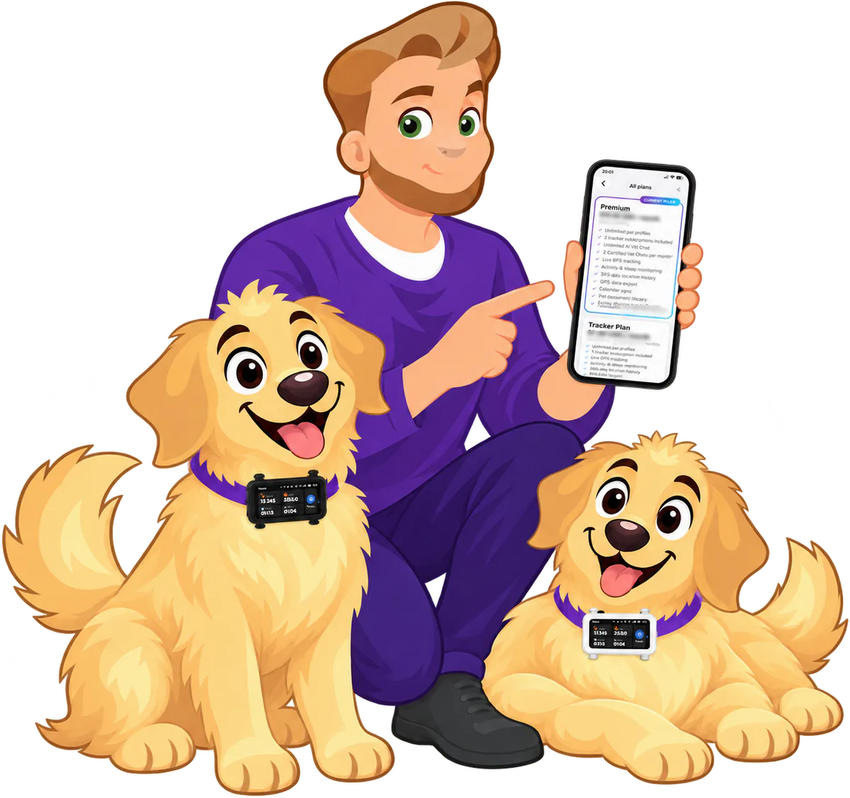 Illustrated man kneeling between two golden retrievers in a black and a white tracker, pointing at the Premium plan and the Tracker Plan on his phone
