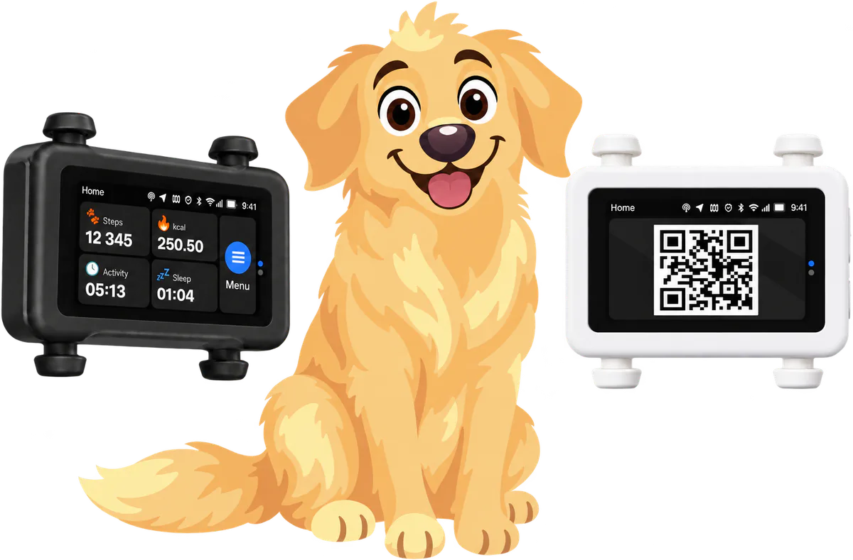 Illustrated golden retriever sitting between a black tracker showing its daily stats and a white tracker showing its QR code