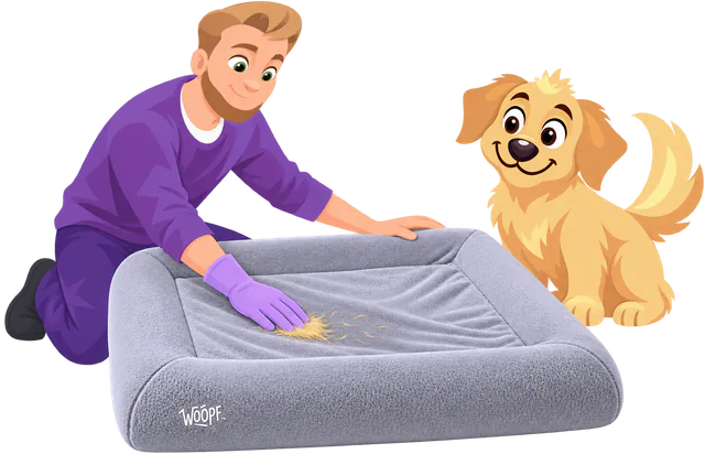 Illustrated man in a rubber glove lifting a clump of hair off a grey faux fur cover, a golden retriever watching