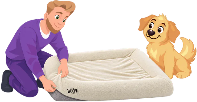 Illustrated man kneeling to pull a cream faux fur cover over a grey WOOPF™ SNÜZ, the bed's own cover showing at the corner, a golden retriever watching