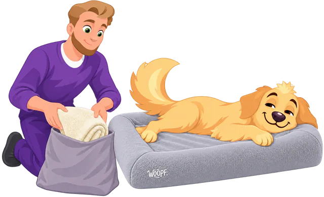 Illustrated man folding a cream faux fur cover into a bag while a golden retriever stretches out on a grey WOOPF™ SNÜZ in its own cover