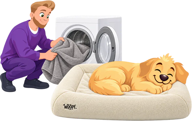 Illustrated man loading a grey faux fur cover into a washing machine while a golden retriever sleeps on a cream WOOPF™ SNÜZ