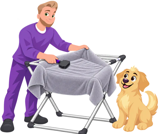 Illustrated man laying a grey faux fur cover flat on a drying rack with a brush on it, a golden retriever sitting beside