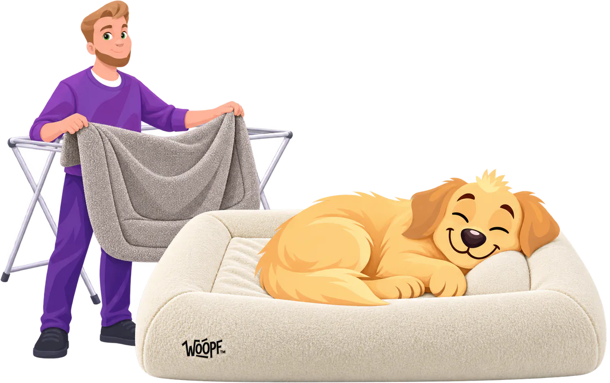 Illustrated man lifting a grey faux fur cover off an airer while a golden retriever sleeps on a cream WOOPF™ SNÜZ