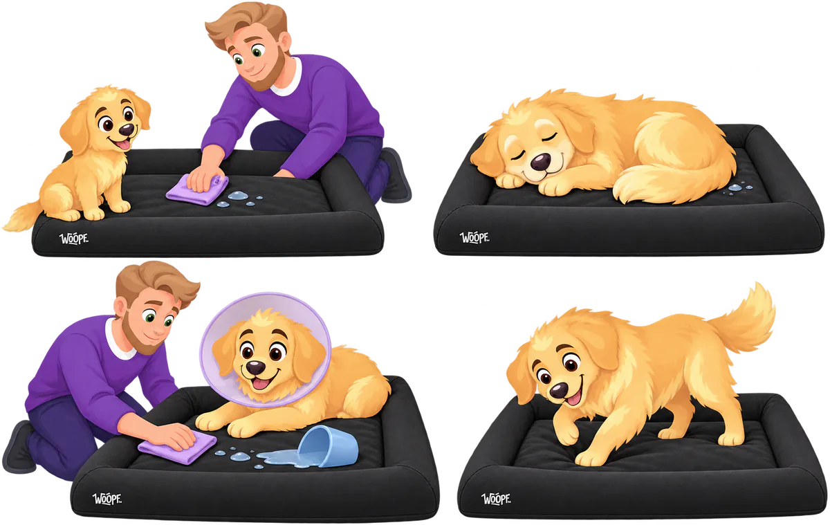 Illustrated four scenes on a black WOOPF™ waterproof cover: a man wiping up a puppy's puddle, a golden retriever asleep, a dog in a cone with a knocked-over bowl, and a dog digging at the bed
