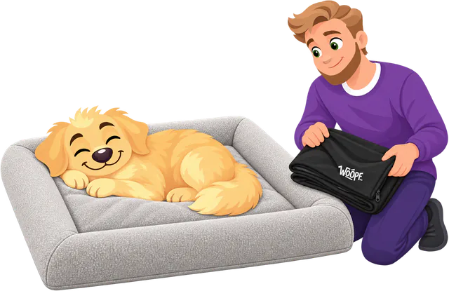 Illustrated golden retriever asleep on a grey WOOPF™ SNÜZ while a man kneels beside it folding the black waterproof cover away