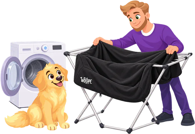 Illustrated man hanging a black WOOPF™ waterproof cover over an airer beside an open washing machine, a golden retriever sitting by it