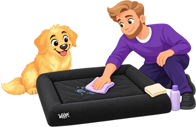 Illustrated man wiping a puddle off a black WOOPF™ waterproof cover with a purple cloth, a towel and a bottle of cleaner beside the bed, a golden retriever watching