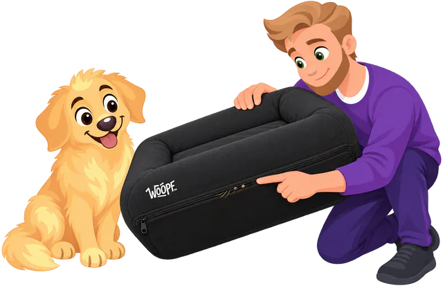 Illustrated man kneeling to point at the zip on the base of a black WOOPF™ waterproof cover, the covered SNÜZ on its side, a golden retriever sitting beside