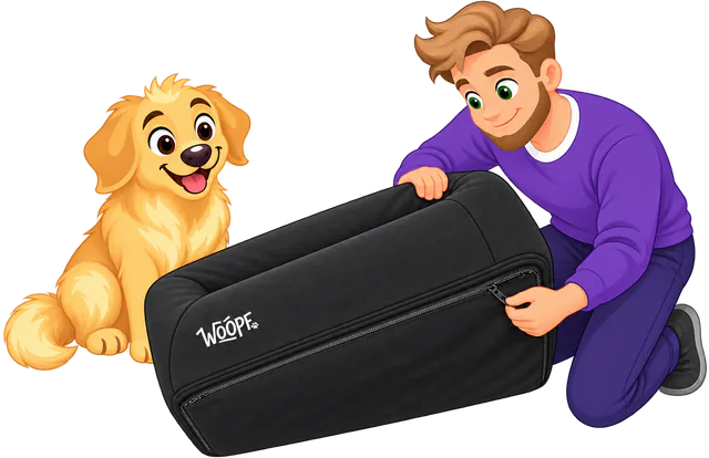 Illustrated man closing the zip along the base of a black WOOPF™ waterproof cover on a SNÜZ tipped on its side, a golden retriever watching
