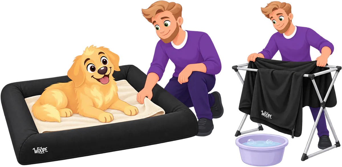 Illustrated golden retriever lying on a cream towel spread over a black WOOPF™ waterproof cover on a SNÜZ, a man kneeling beside, and the man again hanging the cover on an airer over a basin of water