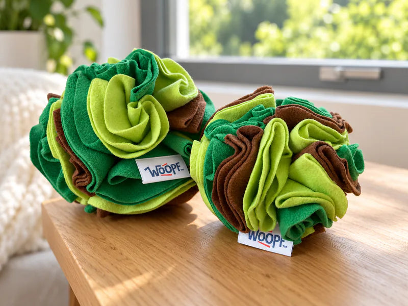 Green Snuffle Balls in Large and Medium on a wooden table